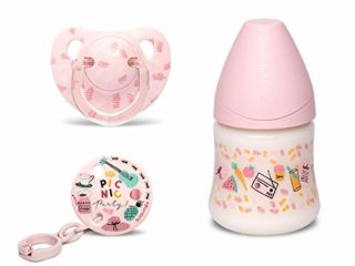 Suavinex – Set recién nacido con biberón 150ml con tetina anatómica de silicona + Chupete para bebés de 0-6 meses con tetina anatómica de silicona + Broche. diseño Picnic rosa. Pack Exclusivo Amazon