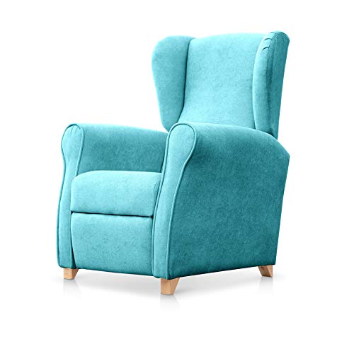 SUEÑOS ZZZ Sillón Relax orejero Irene reclinable con Patas de Madera, Relax nórdico tapizado en Tela Antimanchas Turquesa