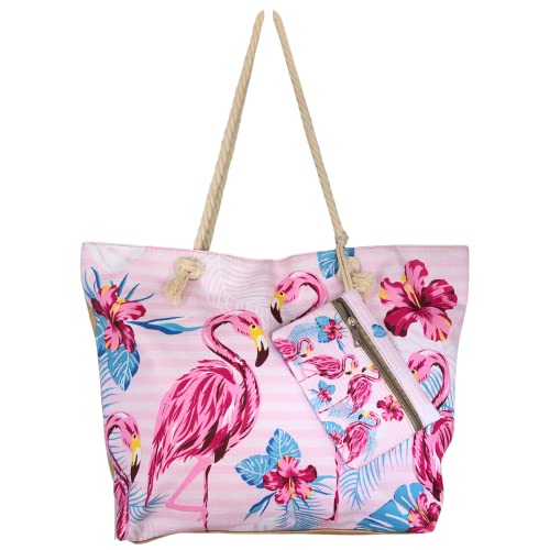 SUN & SURF Bolsa Playa Grande Mujer con Cremallera 60 x 40 x 20 cm. Capazo Playa Verano. Asas de Cuerda de Hombro. Bolsillos Interiores con Cremallera (Flamingo)