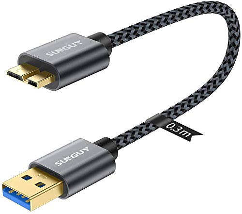 SUNGUY Cable USB 3.0 Micro B, 0,3M Tipo A a Micro B Macho Cable de disco duro de para Seagate, Toshiba Canvio, Western Digital (WD), My Passport y Elements, cable de carga USB para Galaxy S5, Note 3