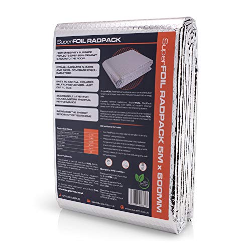 SuperFOIL RadPack- Lámina aislante de radiador de alto rendimiento (5 mx 60 cm) - Lámina de burbuja reflectora de calor reflectante de 3 mm | Conserva el calor, ahorra energía, ahorra dinero: aísla más de 3 radiadores por paquete
