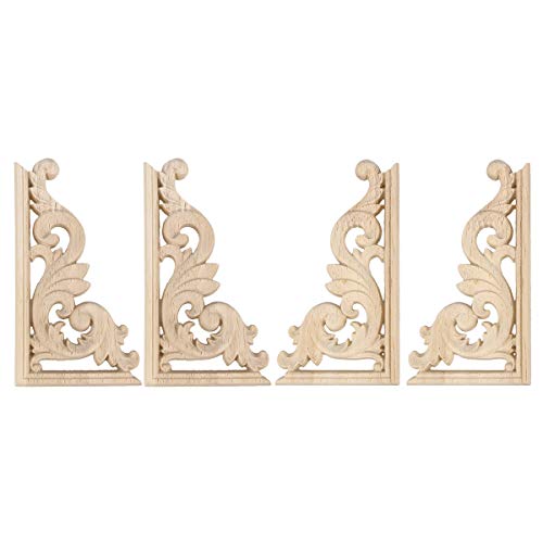 SUPVOX Tallado en madera Eslabón de la esquina Onlay Adornos de madera sin pintar Apliques Estilo europeo Puerta Gabinete Decoración 4 piezas (13 * 7cm)