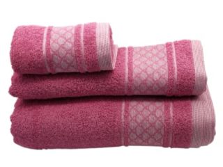 SusggO Juego de 3 Toallas para el Baño Fabricadas en Portugal. 100% algodón 450gr Cenefa. Conjunto 3 tamaños: 1 de Ducha-baño, 1 de Manos-Lavabo, 1 de tocador (OVALOS Rosa, 450)