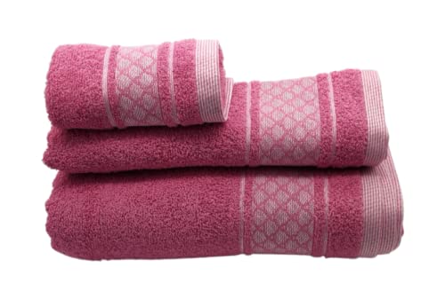 SusggO Juego de 3 Toallas para el Baño Fabricadas en Portugal. 100% algodón 450gr Cenefa. Conjunto 3 tamaños: 1 de Ducha-baño, 1 de Manos-Lavabo, 1 de tocador (OVALOS Rosa, 450)