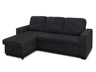 SWEET SOFA® - Chaise Longue Cama CLONY. Sofá 3 plazas con chaiselongue Reversible Derecha e Izquierda. con arcón. Tapizado Antimanchas (Negro Tela Tipo Piel)