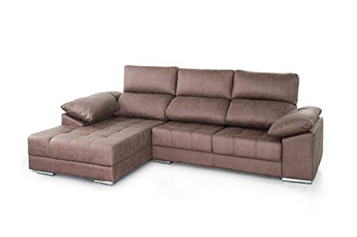 SWEET SOFA® - Sofá Chaiselongue Córcega, 4 plazas, con Asiento Deslizante desenfundable en Tela Antimanchas Color marrón. (Chaise Longue Izquierda, Marrón) (Chaise Longue Izquierda, Marrón)
