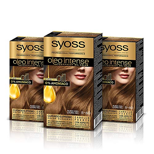 Syoss Oleo Intense - Tinte 8-60 Rubio Miel – Coloración permanente Sin Amoníaco – Cobertura profesional de canas – Resultados de peluquería (Pack De 3)
