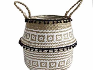 Szetosy - Cesta de junco para almacenamiento de Goodchance UK, con pompones. Cesta plegable tejida y con asa para ropa, juguetes, plantas o para usar en el cuarto del bebé, Estilo#8, 22 x 20 cm