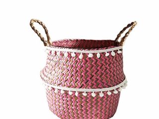 Szetosy - Cesta de junco para almacenamiento de Goodchance UK, con pompones. Cesta plegable tejida y con asa para ropa, juguetes, plantas o para usar en el cuarto del bebé, Estilo#12, 22 x 20 cm