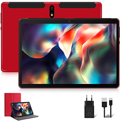 Tablet 10.1 Pulgadas JUSYEA Android Tableta con Octa-Core Processor 4GB RAM + 64GB ROM, SD/TF 128GB, WiFi, Bluetooth, 8000mAh Batería, Pantalla HD IPS, 5MP + 8MP, Google GMS, con Funda, Rojo