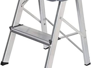 Taburete Plegable Escalera Aluminio 2 peldaños de Tijera Super Resistente hasta 150Kg Acero y alumino Antideslizante Altura de Trabajo hasta 245cm (2 Peldaños)