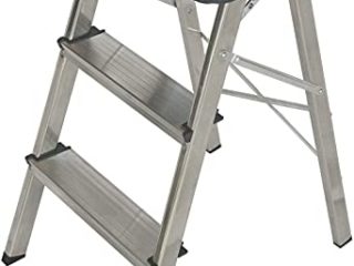 Taburete Plegable Escalera Aluminio 3 peldaños de Tijera Super Resistente hasta 150Kg Acero y alumino Antideslizante Altura de Trabajo hasta 245cm (3 Peldaños)