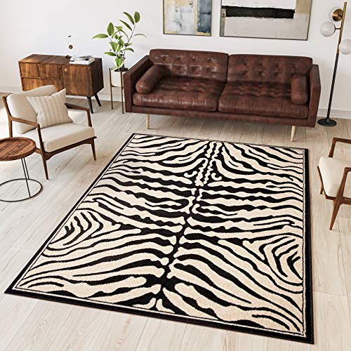 TAPISO® Alfombra Colección Atlas | Salón Piso Cuarto De Estar | Color Negro | Diseño Decorativo Animal Cebra | De Fácil Cuidado 120 x 170 cm
