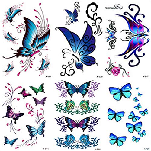 Tatuajes temporales de mariposas para mujeres, 6 piezas por Yesallwas, tatuajes falsos adhesivos para brazos, hombros, tatuajes corporales sexys, 6 cm x 10,5 cm / 2,36 x 4,13 pulgadas (LxW) (A)