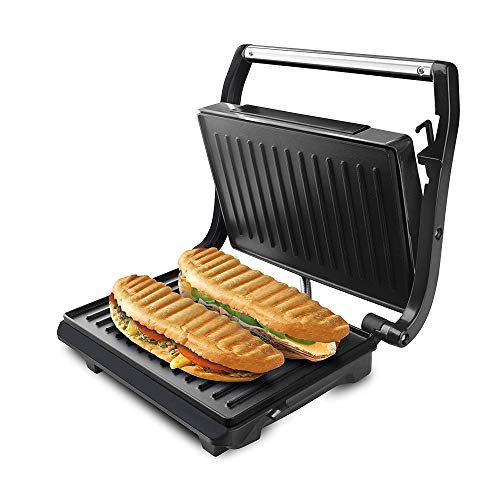 Taurus 968419000 Grill & Toast - Sandwichera con placas grill antiadherentes, 700 W, tapa basculante, gancho fijo de cierre, bandeja recoge grasas, Color Azul y Negro