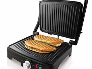 Taurus Asteria - Grill y plancha de asar, 2200W, placas de 28 x 22 cm, parrilla eléctrica con regulador de temperatura, apertura 180º, asa de toque frío, antiadherente libre de PFOA, Negro/Inox