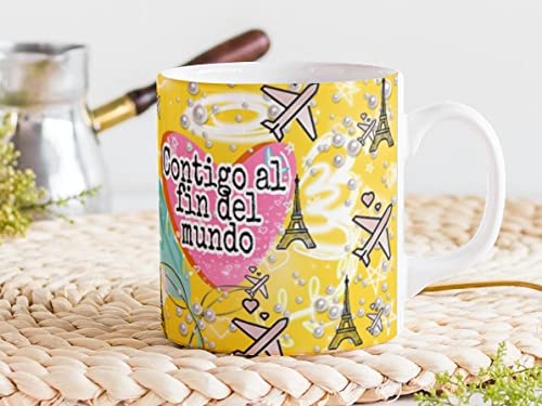 Taza contigo al fin del mundo amor novios amistad San Valentin Ceramica Desayuno Regalo Cumpleanos Sorpresa