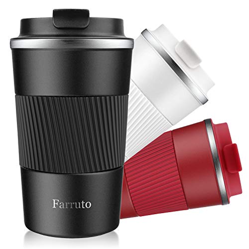 Taza de Viaje Para Bebidas Calientes - Farruto 13 oz 380 ml Tazas de Café aisladas 100% a prueba de fugas de acero inoxidable tazas de café para ir adecuado para café caliente/frío, leche, té (negro)