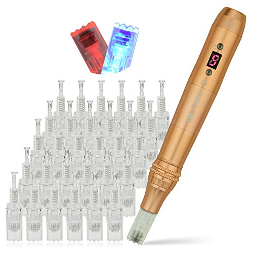TBPHP P20 Eléctrico Dermapen Microagujas Pen 2 Colores Led Bolígrafo eléctrico con pantalla LCD para el tratamiento de la pérdida de cabello cicatriz acné cicatrices(30 cartuchos)-Dolado