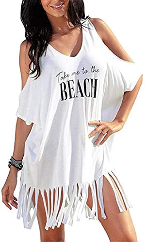 TBSCWYF Vestido de Playa Mujer Suelto Pareos Playa V-Cuello Camisolas y Pareos Bikini Traje de Baño Cover up Tunica Talla Grande Vestido Suelto de Bikini Mujer Ropa de Baño (Blanco)