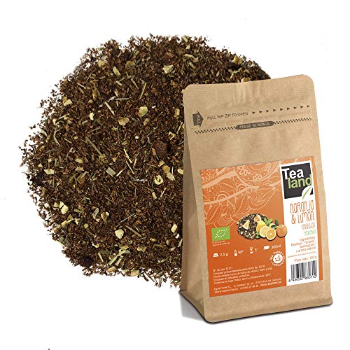Tealand | Te Rooibos Naranja y Limón | Hojas Sueltas, 100g | Te Ecologico y Natural a granel | Infusion Relajante, Digestiva, sin teína, que ayuda a dormir