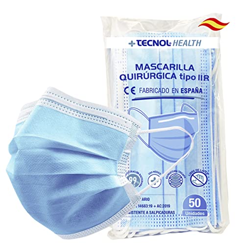 TECNOL HEALTH Mascarillas Quirúrgicas Azules - Fabricadas en España - 50 o 100 unidades - Tipo IIR - BFE > 99% - 3 Capas y Sin Grafeno - Mascarillas Homologadas para Adultos