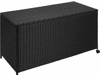 TecTake 403505 Baúl de almacenaje de poliratán con Ruedas y Estructura de Aluminio, arcón Negro de Almacenamiento con Forro Interior extraíble para jardín