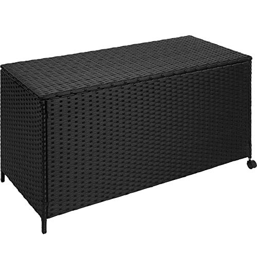 TecTake 403505 Baúl de almacenaje de poliratán con Ruedas y Estructura de Aluminio, arcón Negro de Almacenamiento con Forro Interior extraíble para jardín