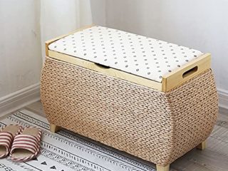 Tejido Mimbre Taburete Para Almacenaje Baúl Puff Otomano,Rústico Almacenamiento Organizador Caja Multifunción Almacenamiento Mueble,Seagrass Sonajero Almacenamiento Otomano Banco-Khaki-b 70x30x40cm(28