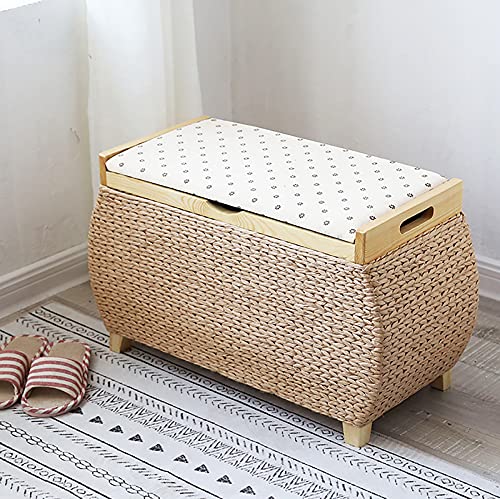 Tejido Mimbre Taburete Para Almacenaje Baúl Puff Otomano,Rústico Almacenamiento Organizador Caja Multifunción Almacenamiento Mueble,Seagrass Sonajero Almacenamiento Otomano Banco-Khaki-b 70x30x40cm(28