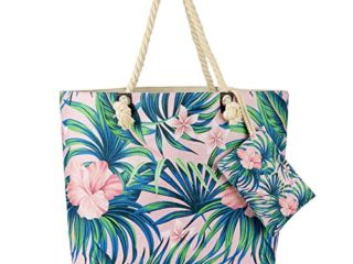 Teklemon Bolso de Viaje, Bolsa de Playa Lona Grande XXL Mujer, Bolso Tela de Mano Familiar con Bolsillos, Gran Bolso Tote con Cremallera, Bolsa de Hombro con Cuerda de Algodón (001)