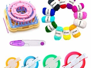 Telar de flores, juego de telares de tejer de 9 piezas Kits de artesanía de hilo de lana DIY Herramienta para calcetines Guantes Sombreros +4pcs pom pom maker + Hilo de 12 colores + 1pcs tijeras(D)