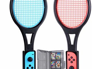 Tendak Raqueta de Tenis para Nintendo Switch Mario Tennis Aces Games Raqueta de Tenis para controladores Joy-Con con Estuche para Tarjetas de Juegos 12 en 1 (2 Piezas, Azul y Rojo)