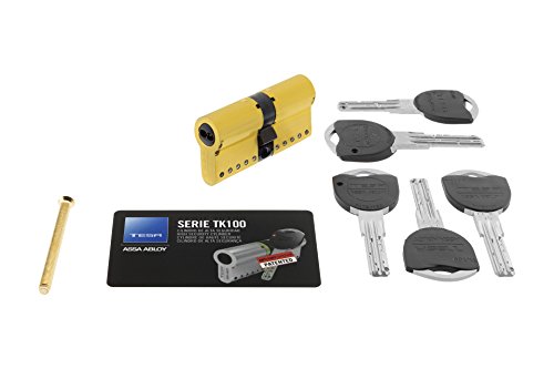 Tesa Assa Abloy, TK153040L, Cilindro de Alta Seguridad, TK100, Doble Embrague, Leva Larga, Llave - Llave, Latonado, 30 x 40 mm