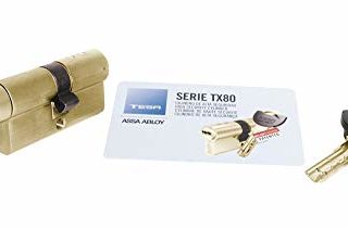 Tesa Assa Abloy, TX8B4040L, Cilindro de Alta Seguridad, TX80, Doble Embrague, Leva Larga, Llave - Botón, Latonado, 40 x 40 mm
