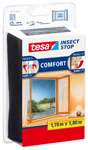 tesa Insect Stop Malla Mosquitera COMFORT para Ventanas , Mosquitera Autoadhesiva con Cierre de Gancho y Bucle , Tela Antimosquitos , Gris Antracita, 170 cm x 180 cm