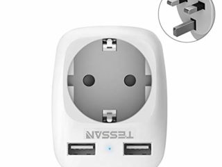 TESSAN Adaptador Enchufe Ingles UK Inglaterra Adaptador de Viaje con 2 USB (2.4A), Español 2 Patas Europa hacia 3 Patas Reino Unido RU para Irlanda Escocia Britanico Maldivas（Tipo G） Blanco