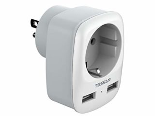 TESSAN Adaptador Europa a USA, Adaptador EEUU con 2 USB, Enchufe Americano USB para Canada Mexico Colombia Tailandia, Adaptador Enchufe Americano 2 Patas Europa hacia 3 Patas EEUU, Tipo B, Blanco