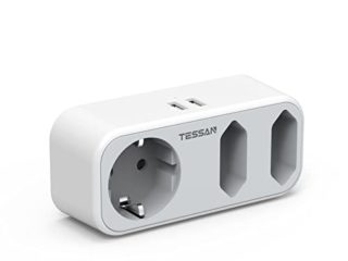 TESSAN Adaptador Europa a USA, Adaptador EEUU con 3 Tomas y 2 USB, Enchufe Tipo B para Adaptador Cargador Americano, Adaptador Canada, Adaptador Mexico, Adaptador Colombia, Blanco y Gris