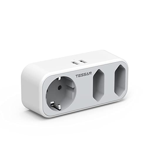 TESSAN Adaptador Europa a USA, Adaptador EEUU con 3 Tomas y 2 USB, Enchufe Tipo B para Adaptador Cargador Americano, Adaptador Canada, Adaptador Mexico, Adaptador Colombia, Blanco y Gris