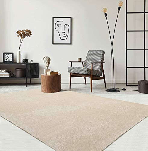 the carpet Alfombra Moderna de Pelo Corto de Relax, Antideslizante, Lavable hasta 30 Grados, Muy Suave, Aspecto de Piel, Beige, 160 x 230 cm