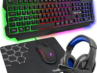 THE G-LAB Combo Argon E - Pack Gaming 4 en 1 - Teclado Gaming QWERTY – Incluye Ñ - Retroiluminado, Ratón Gaming de 3200 dpi, Auriculares Gaming, Alfombrilla de Ratón Antideslizante–PC PS4 PS5 Xbox One
