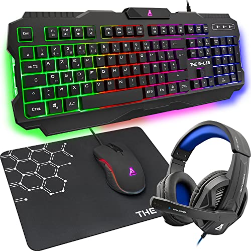 THE G-LAB Combo Argon E - Pack Gaming 4 en 1 - Teclado Gaming QWERTY – Incluye Ñ - Retroiluminado, Ratón Gaming de 3200 dpi, Auriculares Gaming, Alfombrilla de Ratón Antideslizante–PC PS4 PS5 Xbox One