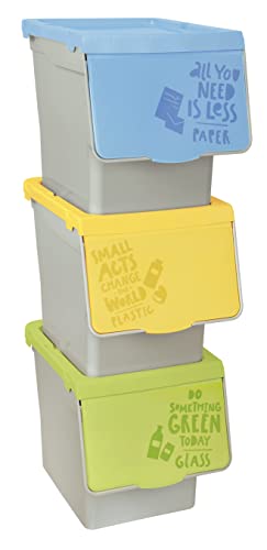 TIENDA EURASIA - Cubos de Basura de Reciclaje, Pack de 3 Cubos de Basura de Cocina, Cubo de Basura 30 Litros, Sistema Apilable con Apertura Fácil, Ideal para Reciclar