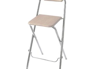 TIENDA EURASIA® Taburete Alto de Cocina - Taburete Plegable de Metal con Asiento y Respaldo de Madera - Incluye Reposapies para Mayor Confort - Taburete Bar Plegable (Madera)