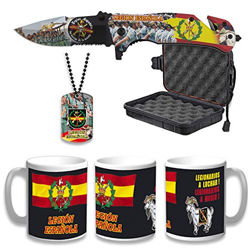 Tiendas LGP - Albainox – 18678-56 - Set Navaja ALBAINOX Legión Española 3D, Taza Diseño Legión, Placa Legión con Cadena Ideal para Caza, Pesca, Camping, Supervivencia