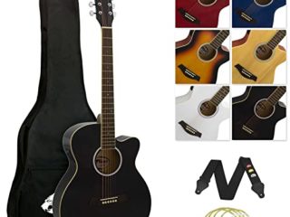 TIGER ACG4-BK Guitarra electroacústica para estudiantes de tamaño completo con ecualizador incorporado, funda, correa, cuerdas de repuesto y púas - Negro
