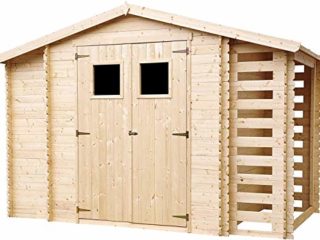 TIMBELA M389 Caseta de Madera para jardín con leñera y trastero - caseta de Pino/Abeto - H218 x 328 x 206 cm / 3,53 + 0,97 + 0,97 m2