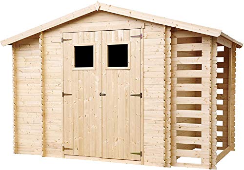 TIMBELA M389 Caseta de Madera para jardín con leñera y trastero - caseta de Pino/Abeto - H218 x 328 x 206 cm / 3,53 + 0,97 + 0,97 m2