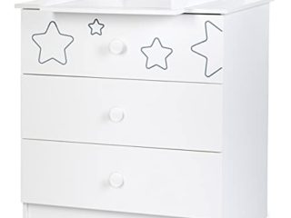 TINO - Cajonera infantil con 3 cajones con diseño de estrellas y bandeja cambiador extraíble color blanco